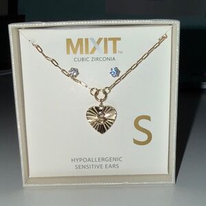Mixit Gold Tone Heart Pendant Necklace with Cubic Zirconia Earrings
